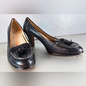 Circa Joan & David Black Leather High-Heel Loafer with Braided Bow Detail